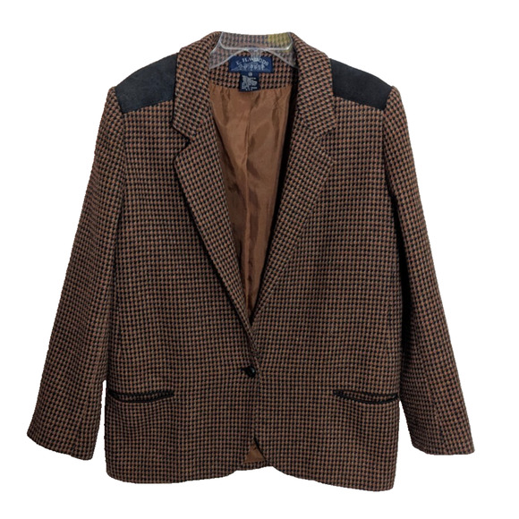Vtg EH Woods Brown Tweed Wool Blend Blazer Jacket Size 14 U1 Fall Academia Chic - Picture 1 of 6